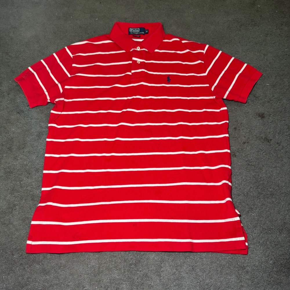 Polo Ralph Lauren Mens Red White Striped Short Sleeve Cotton Polo Shirt Size M